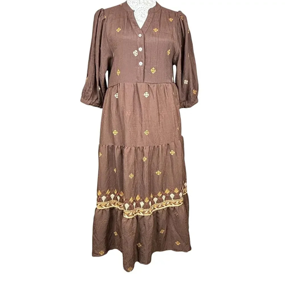 Fig & Flower Anthropologie Embroidered Tiered 3/4 Sleeve Dress Size Medium